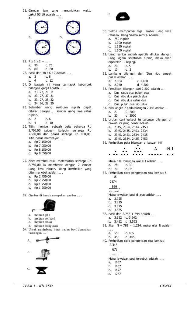 Soal Persiapan UTS Matematika Kelas 3 SD