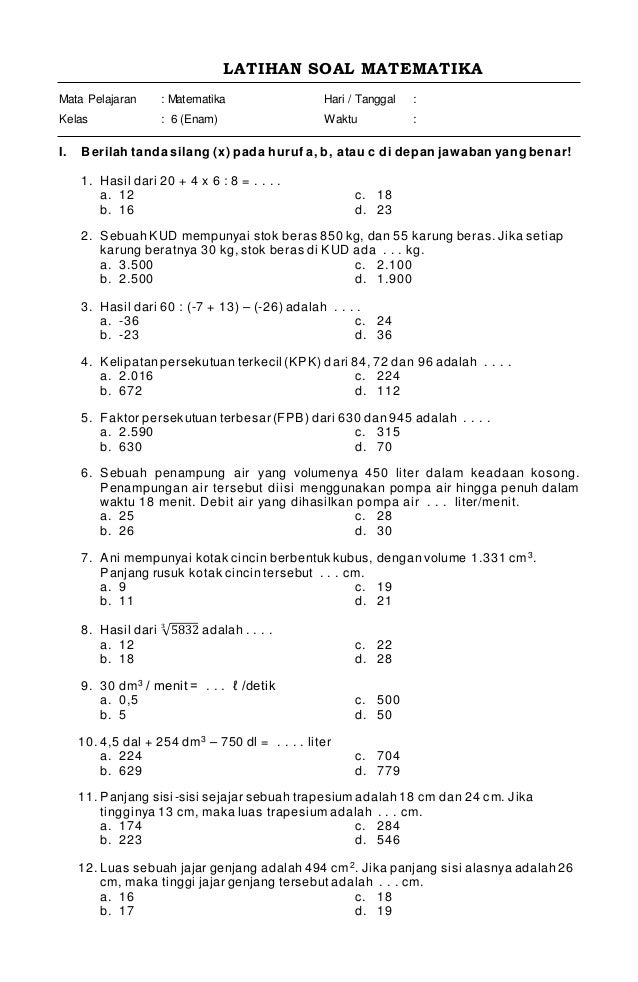 Soal USBN Matematika SD Kelas 6 dan Kunci Jawaban - Cara Pintar Bahas