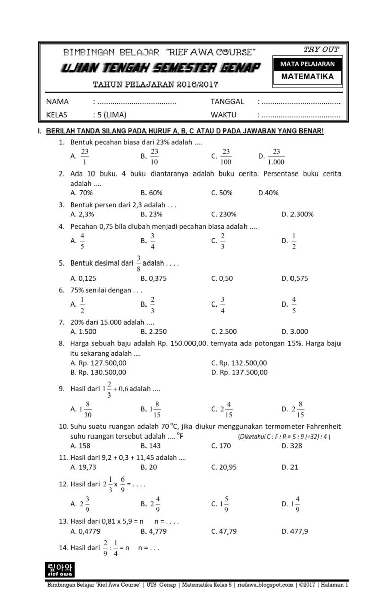 Rahasia Nilai Sempurna 10 Kumpulan Soal Matematika Kelas 5 Semester 2 Kurikulum 2013 Ini