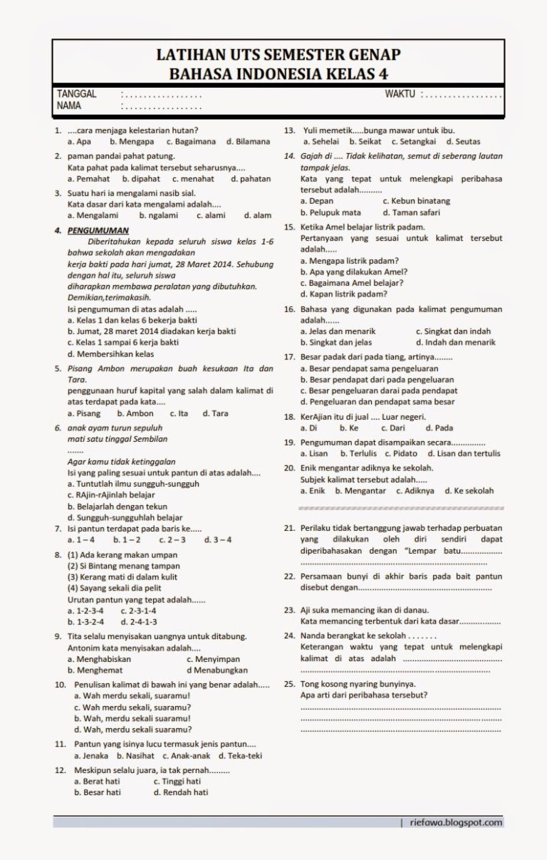 download soal uts bahasa indonesia kelas 4 semester 2